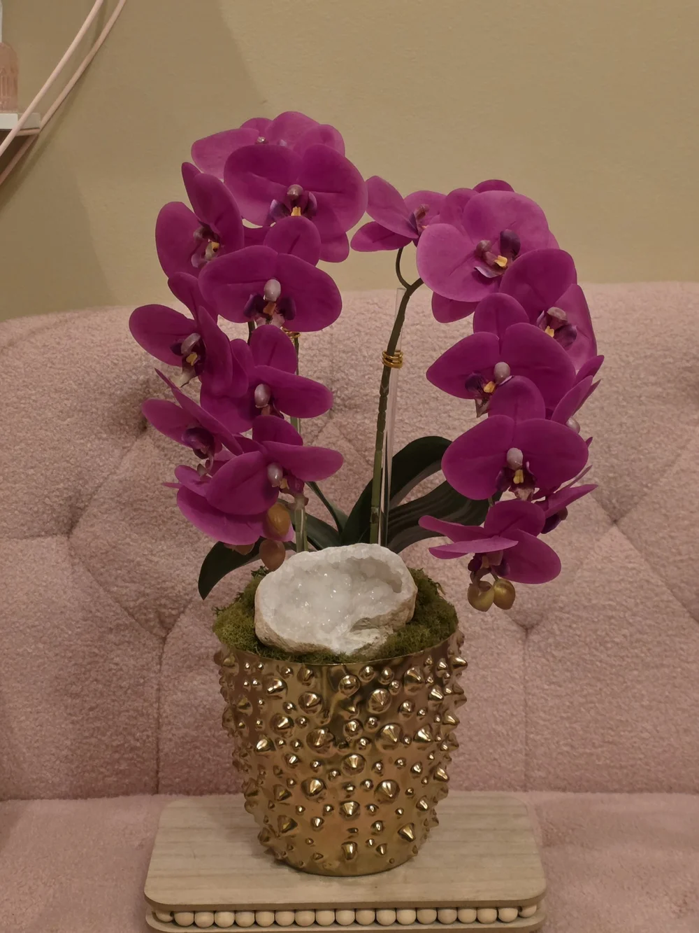 Pink Faux Orchid Arrangement With Large Geode in Gold Planter